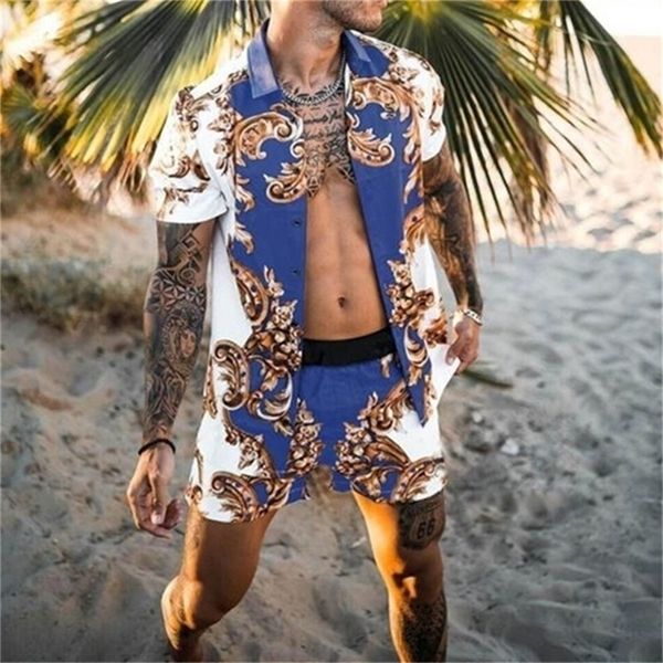 Мужские пляжные кокосовые шорты ежедневная рубашка набор двух кусок M 3XL Fashion Hawaiian с коротким рукавом 220621GX
