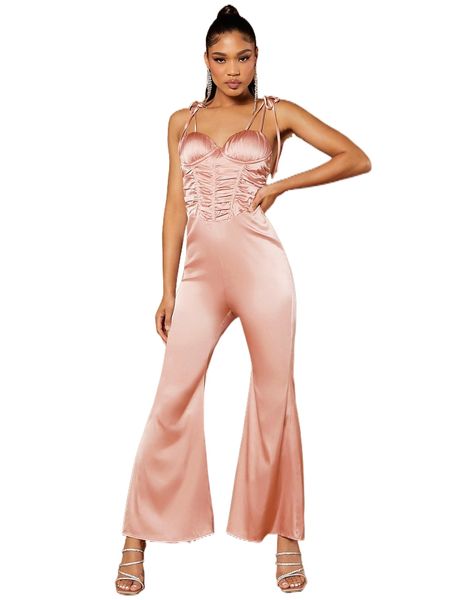 

bae knotted shoulder ruched cami jumpsuit s11i#, Black;white