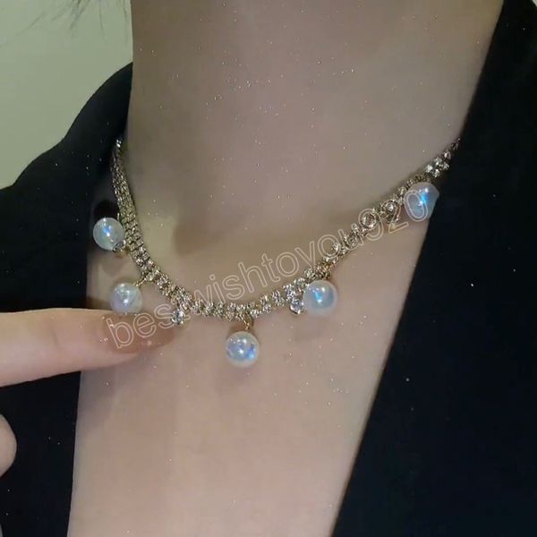 

korean fashion luxury rhinestone choker necklaces for women girls elegant shell pearl pendant necklace wedding jewelry gifts, Silver