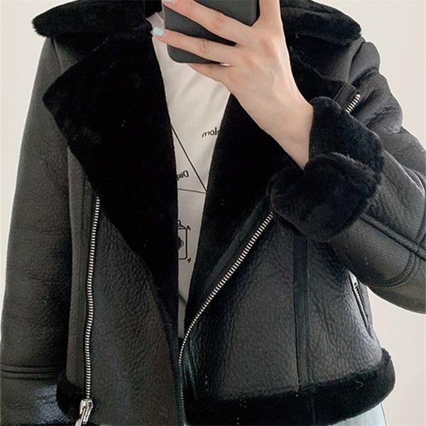 

ailegogo women autumn winter thick faux lamb leather short jacket moto biker female pu leather warm coat black outwear 220815