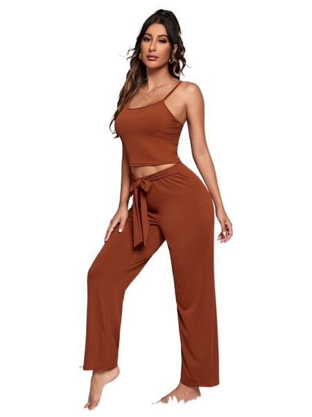 

cami & knot front pants lounge set 99rf#, Black;red