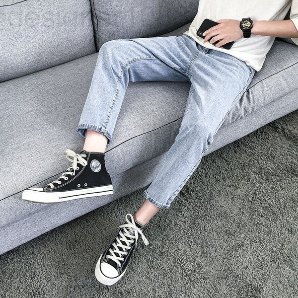 

men's jeans designer summer thin boys' 9-point jeans men's fashion brand loose straight pants korean style versatile 9 points, Blue