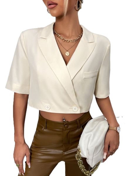 

lapel collar button front crop blazer r93c#, White