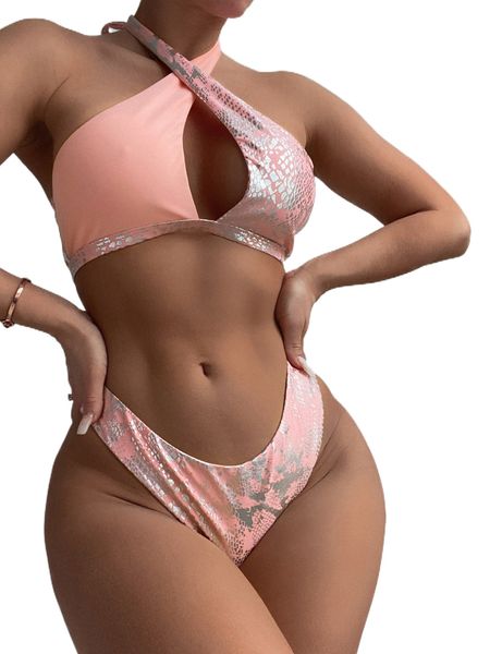 

snakeskin print cross halter bikini swimsuit j8wh#, White;black