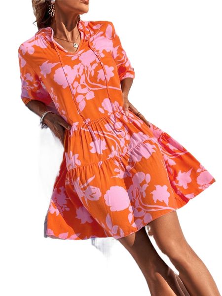 

floral print tie neck dress 43ax#, Black;gray
