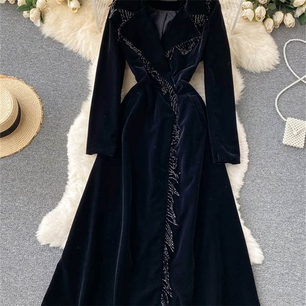 Outono inverno mulheres vestido de veludo preto vintage bibling tassel colarinho comprido manga comprida festa feminina elegante vestidos 220317