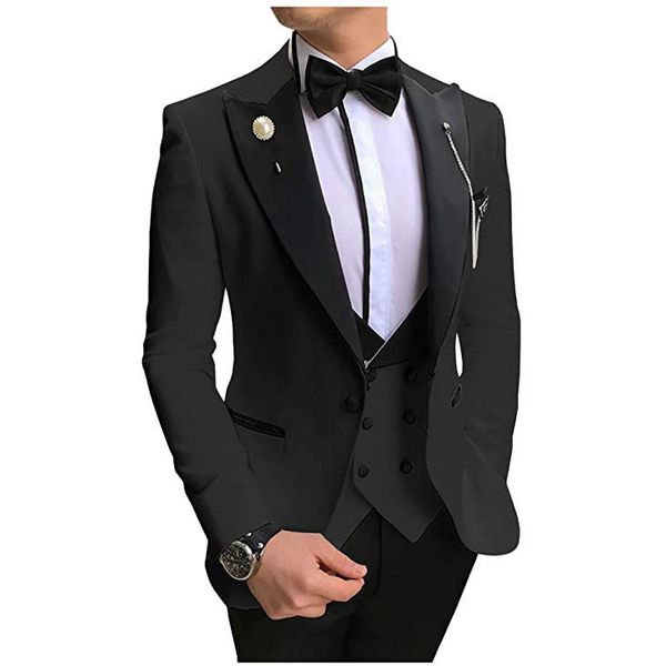

brand new black groom tuxedos black peak lapel groomsmen mens wedding dress style man jacket blazer 3 piece suit jacket pants vest tie 867, Black;gray