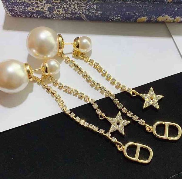 

2022 factory wholesale new di home tassel star simple pearl full diamond ear high sense female earrings, Golden