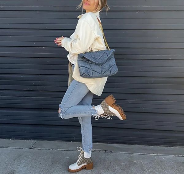 

factory sell loulou puffers denim jeans shoulder flap bags women's frosted cowhide strap heavy chain crossbody bag 2022