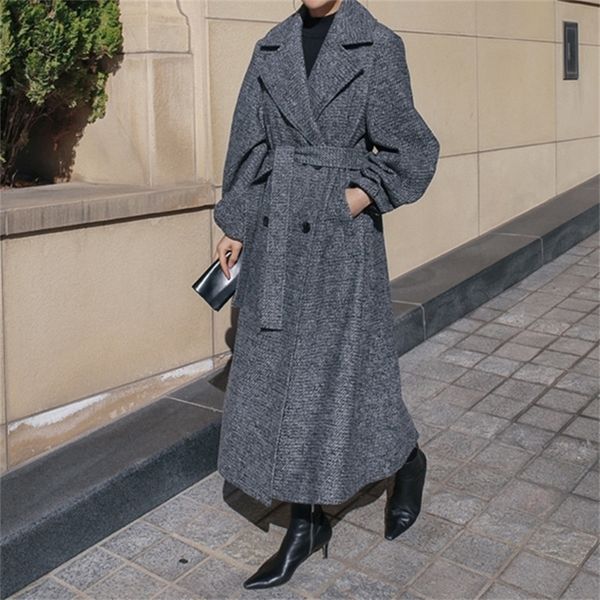 

johnature thicken warm loose casual fashion long wool winter coat women turn-down collar sashes pockets female coats 201222, Black