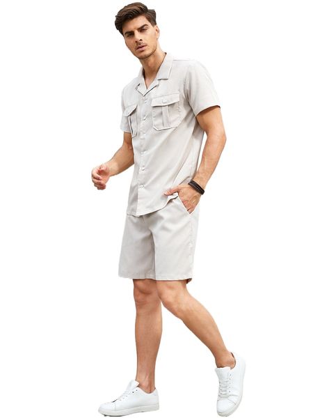 

men solid flap pocket shirt & shorts t4st#, Gray