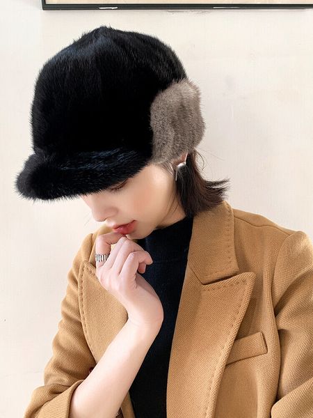 

women's real mink fur hat winter warm ear flap hat casual ski cap brown grey, Blue;gray