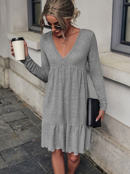 

v neck ruffle hem dress 43yo#, Black;gray