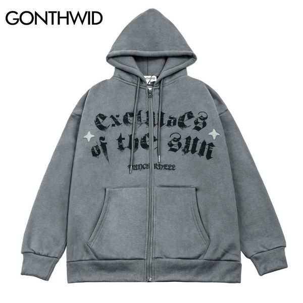 

hip hop winter jacket streetwear vintage print distressed fleece zipper hooded coats mens cotton gothic punk jackets black gray 220727, Black;brown