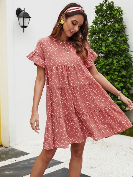 

polka dot flounce sleeve smock dress q0h7#, Black;gray