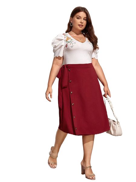 

plus button front knot side skirt 56ny#, Black