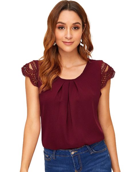 

lace panel solid chiffon blouse d1su#, White