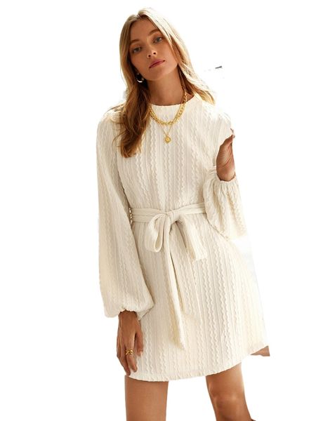 

bishop sleeve cable knit belted dress a3vt#, Black;gray