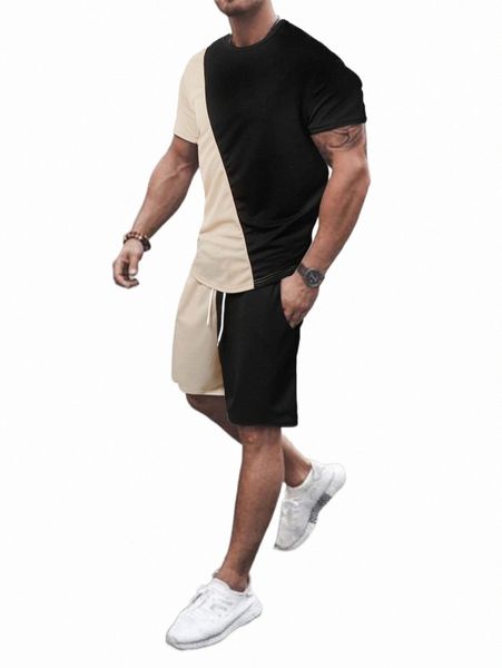 

men two tone tee & drawstring waist shorts i4ai#, Gray