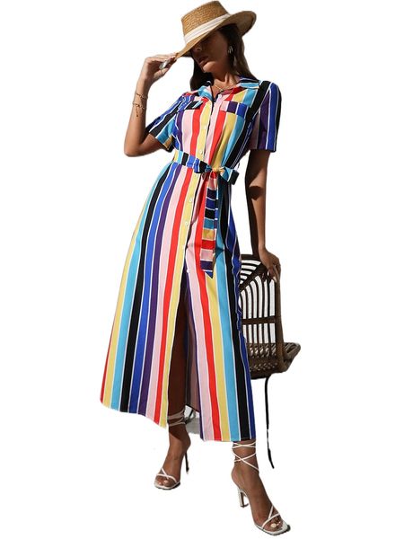 

vertical striped single breasted belted shirt dress p11y#, Black;gray