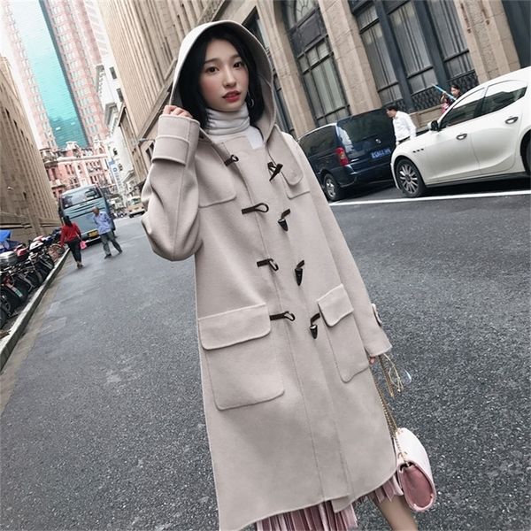 

solid horn buckle women's jacket pockets hooded korean womens fashion coat casual loose long wool blend ladies coat women 201222, Black