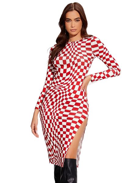 

split side checked print dress o1fz#, Black;gray
