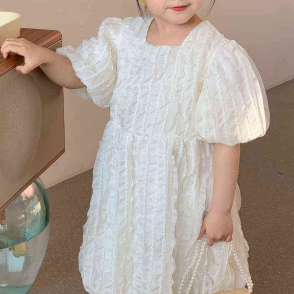 

honeycherry new girl's puff sleeve lace solid color short-sleeved long skirt girl baby fresh princess dress girls clothes l220715, Red;yellow