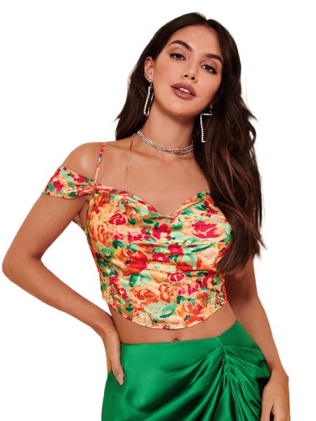 

bae floral print draped cold shoulder satin blouse g17y#, White