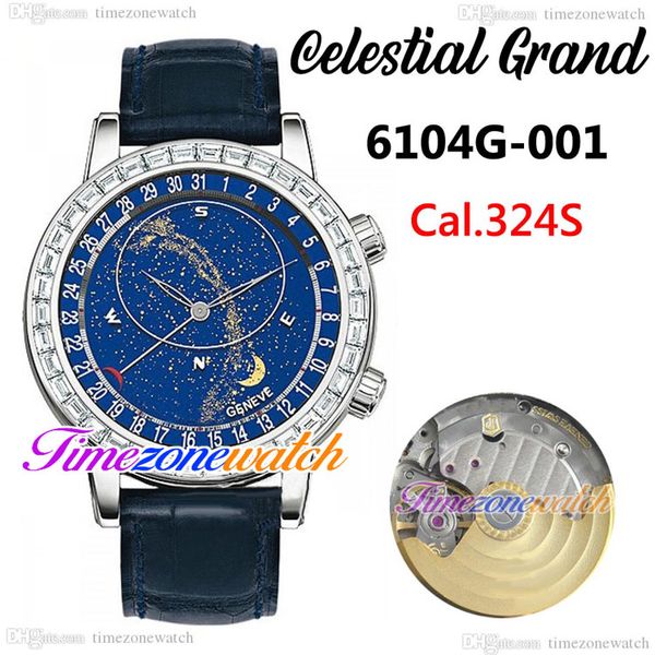 BWF V5 Date 6104G-001 Celestial Grand Complication Herrenuhr A324S Automatik 6104 Stahlgehäuse Diamantlünette Blaues Sternenhimmel-Zifferblatt Lederarmband TWPP Zeitzonenuhr