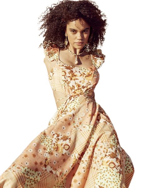 

floral and plaid print ruffle trim cut out hanky hem dress x32k#, Black;gray