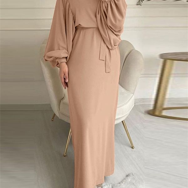 

elegant muslim dress for women spring fashion belted maxi dubai abaya zanzea party solid long sleeve turkey hijab ol kaftan 220713, Red
