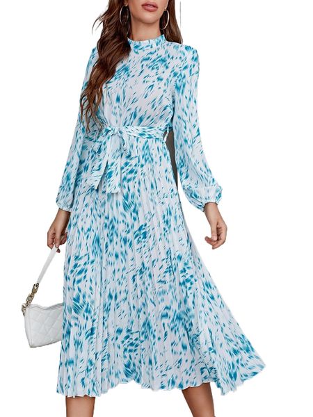 

allover print lantern sleeve belted dress t3id#, Black;gray