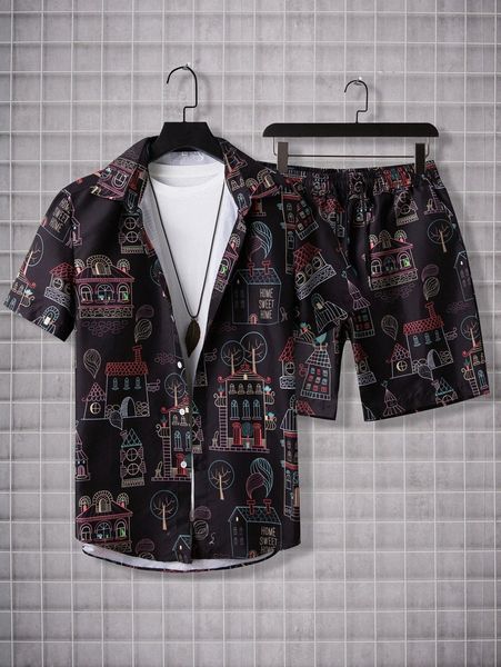 

men letter & cartoon graphic shirt & shorts without tee 11vj#, Gray