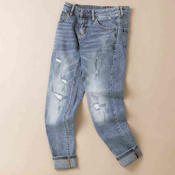 

jeans trendy men's spring and summer 2022 style hole slim straight small leg pants casual, Blue