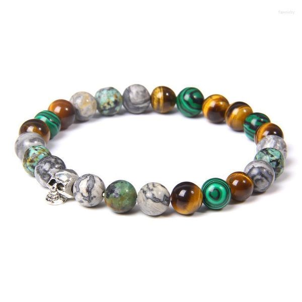 Fili di perline 2022 Bracciale occhio di tigre naturale Teschio da uomo 8mm Lucido Perline africane Gioielli Placcato argento Pulsera Fawn22