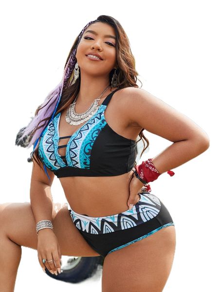 

plus geo print cut out bikini swimsuit r6qy#, White;black