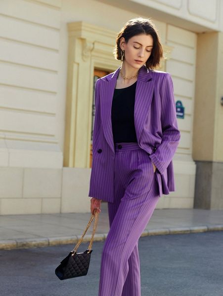 

notched collar buttoned front striped blazer h16k#, White