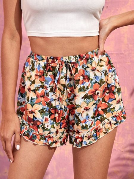 

floral print tie front ruffle hem shorts r6om#, White;black