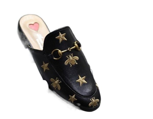 

designer luxury women summer slipper princetown slippers bees snake mules loafers genuine womens leather flats with buckle pattern with box, Black