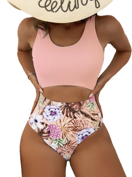 

random floral print cut-out one piece swimsuit k9bu#, White;black