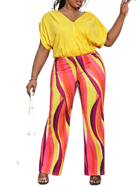 

sxy plus ruched batwing sleeve & color block pants j2ab#, Black