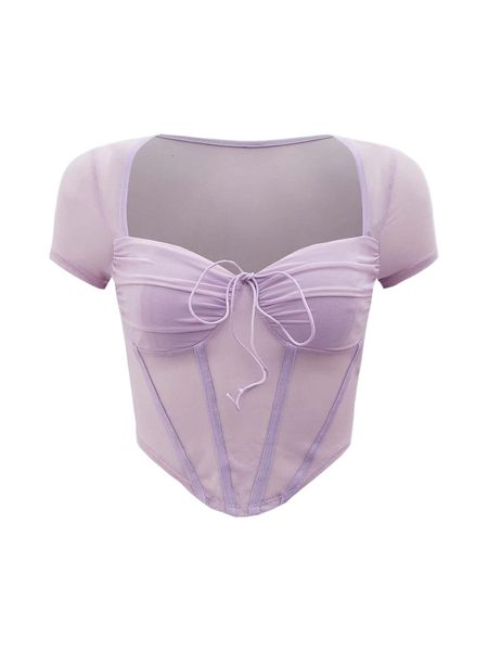 

halter neck tie back sheer asymmetrical hem mesh crop i6fz#, White