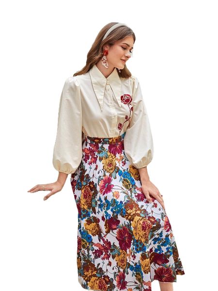 

peak collar floral embroidery blouse & skirt set 25vr#, White