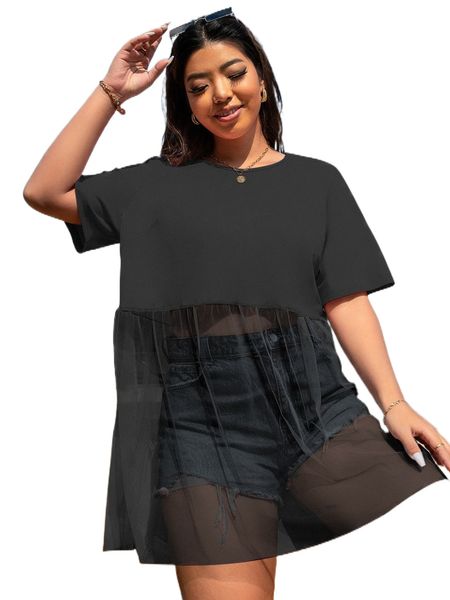 

plus contrast mesh t-shirt w9id#, Black