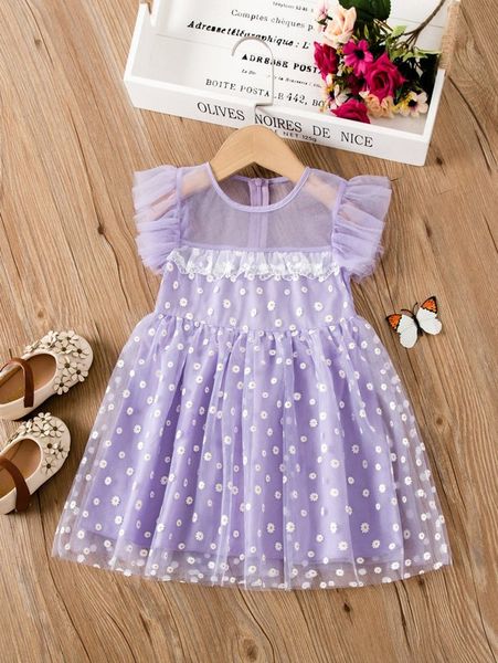 

little girl's flounced flower pattern mesh dress she, Red;yellow