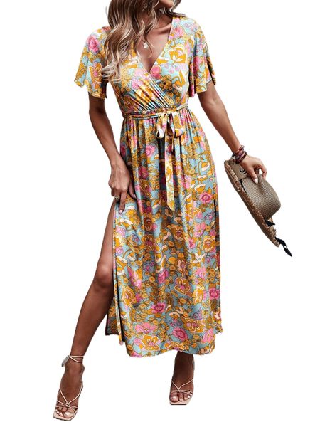

floral print butterfly sleeve split thigh belted dress c74w#, Black;gray