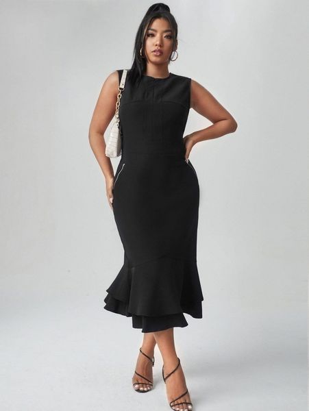 

x sylvia mollie plus zipper back layered mermaid hem dress x9lb#, Black