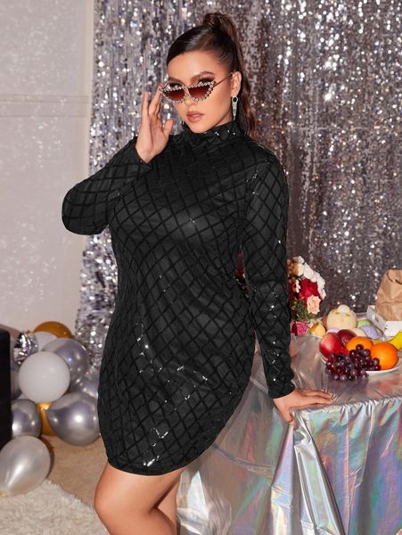 

plus sequin decor stand neck dress o828#, Black