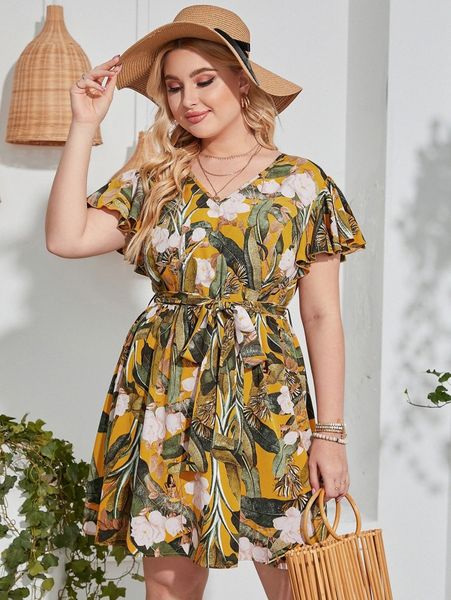 

plus tropical print flutter sleeve belted dress e2k7#, Black