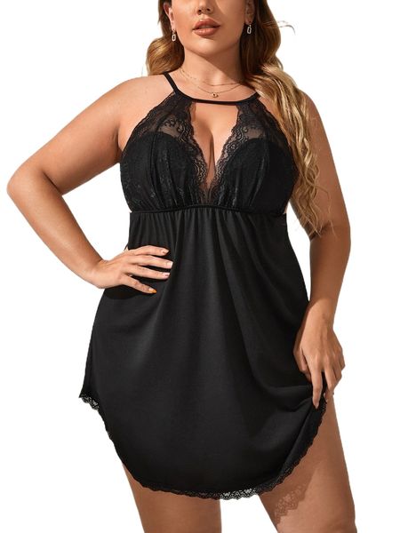 

plus contrast lace cut out curved hem nightdress j51o#, Black;white